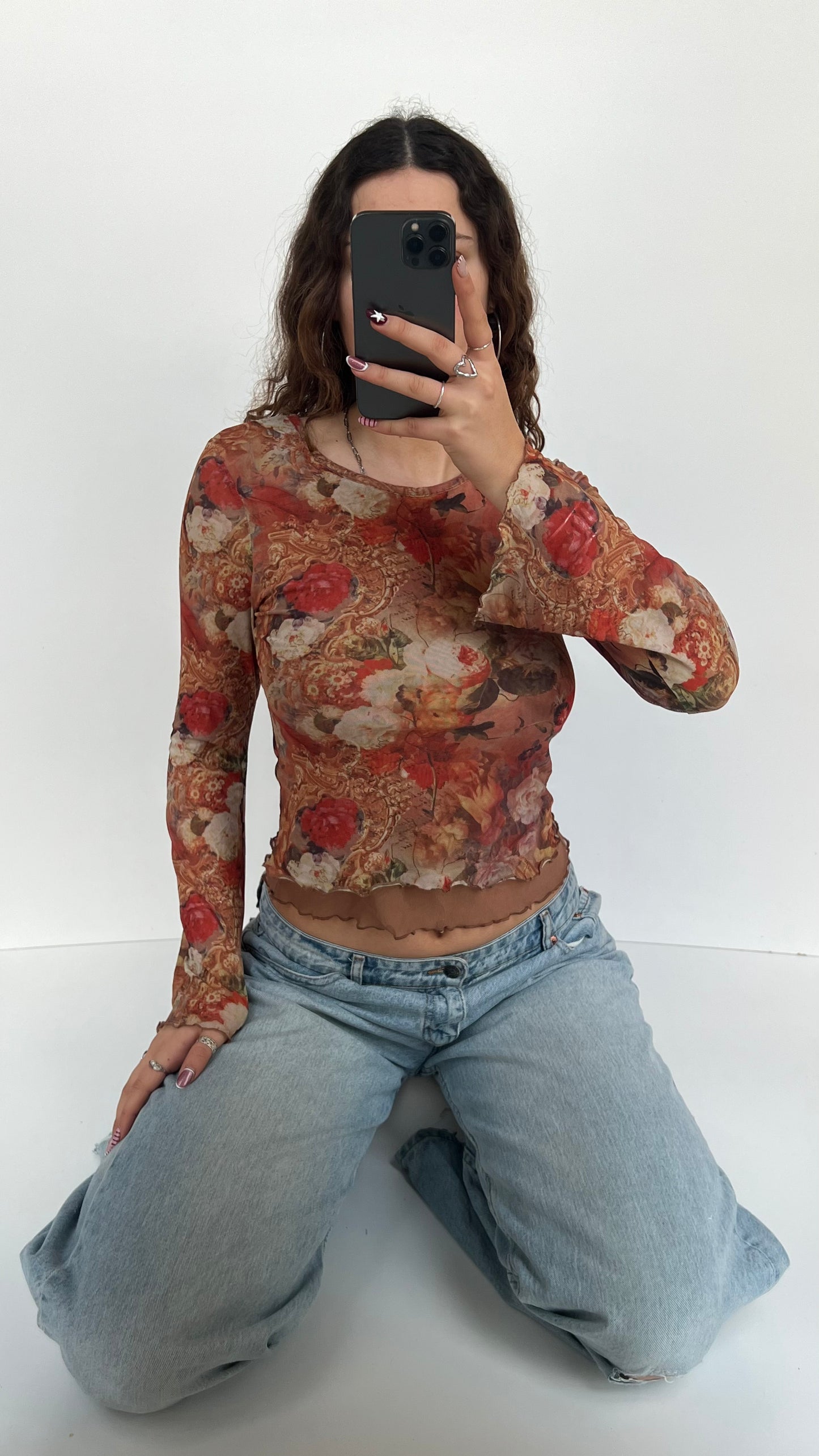 00s orange mesh floral top- size M