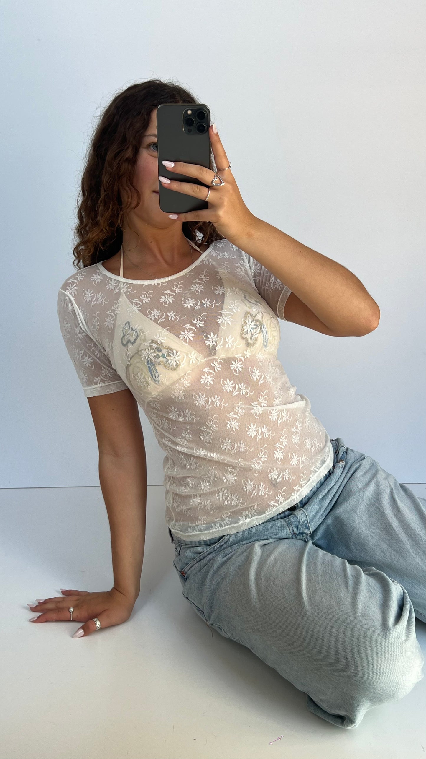 00s white mesh baby tee- size S