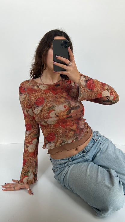 00s orange mesh floral top- size M