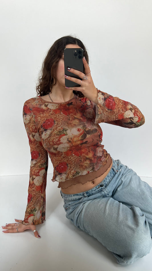 00s orange mesh floral top- size M