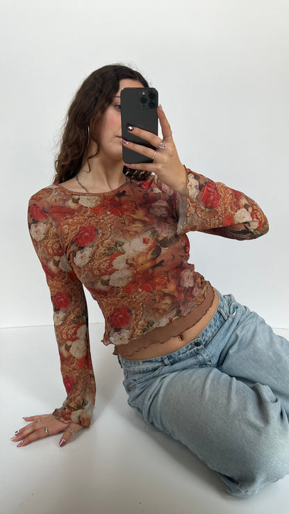 00s orange mesh floral top- size M