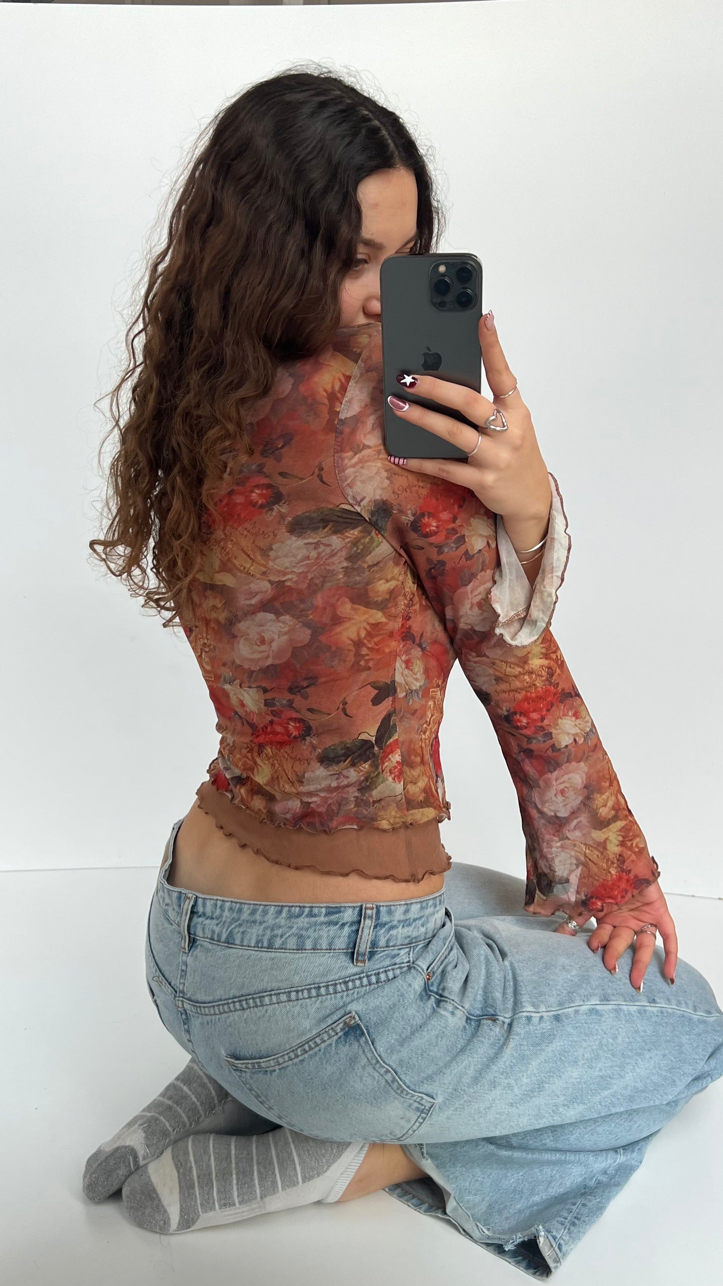 00s orange mesh floral top- size M