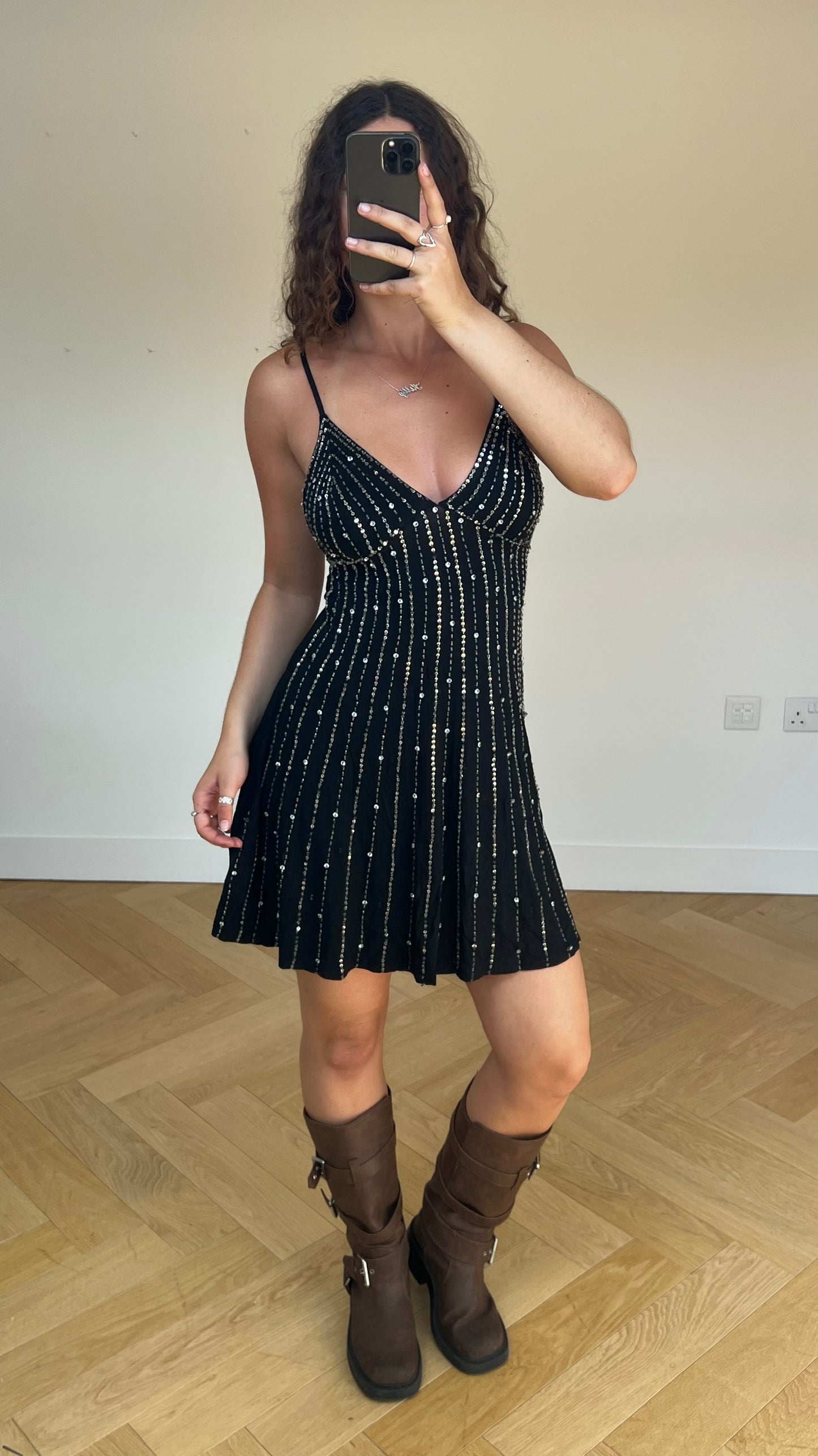 00s beaded black mini dress- size M