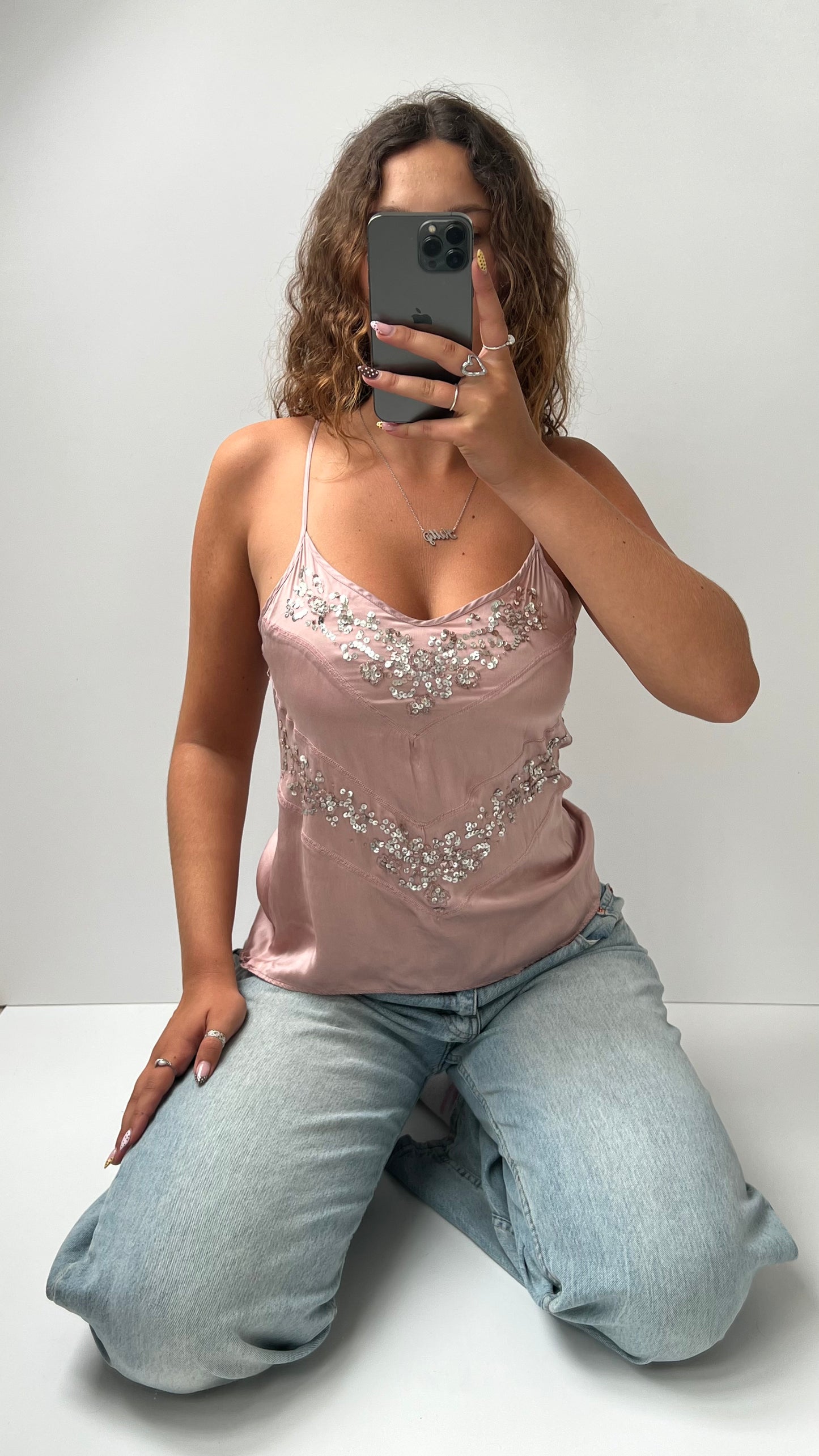 00s baby pink silk sequin cami- size M