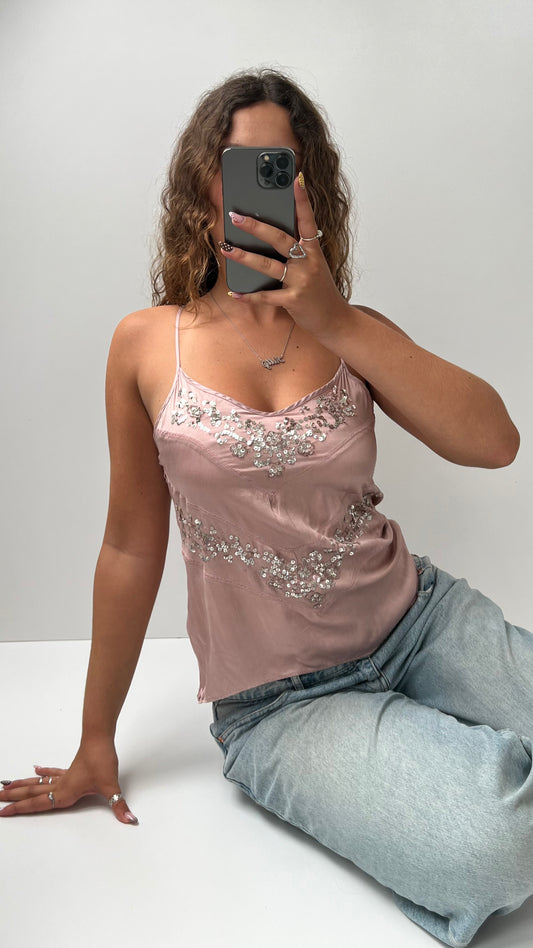 00s baby pink silk sequin cami- size M