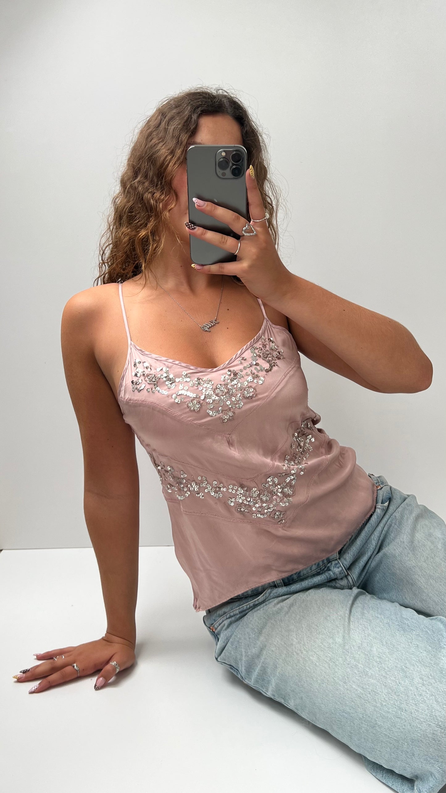 00s baby pink silk sequin cami- size M