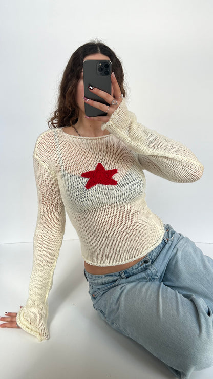 00s white crochet star jumper- size S