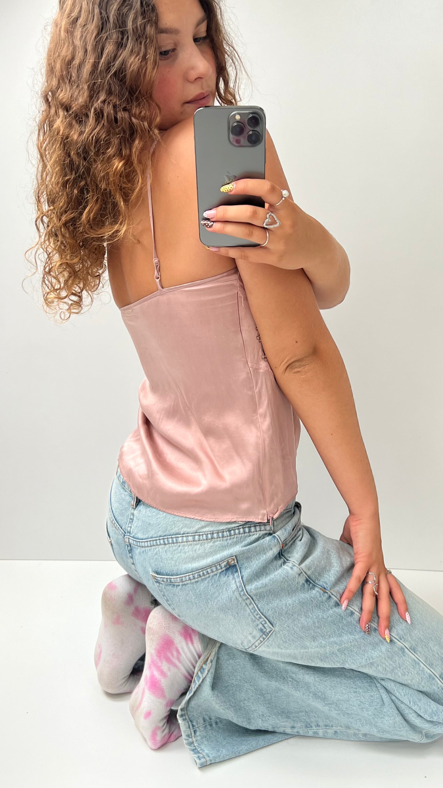 00s baby pink silk sequin cami- size M