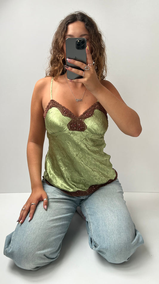 00s green satin lace cami- size M