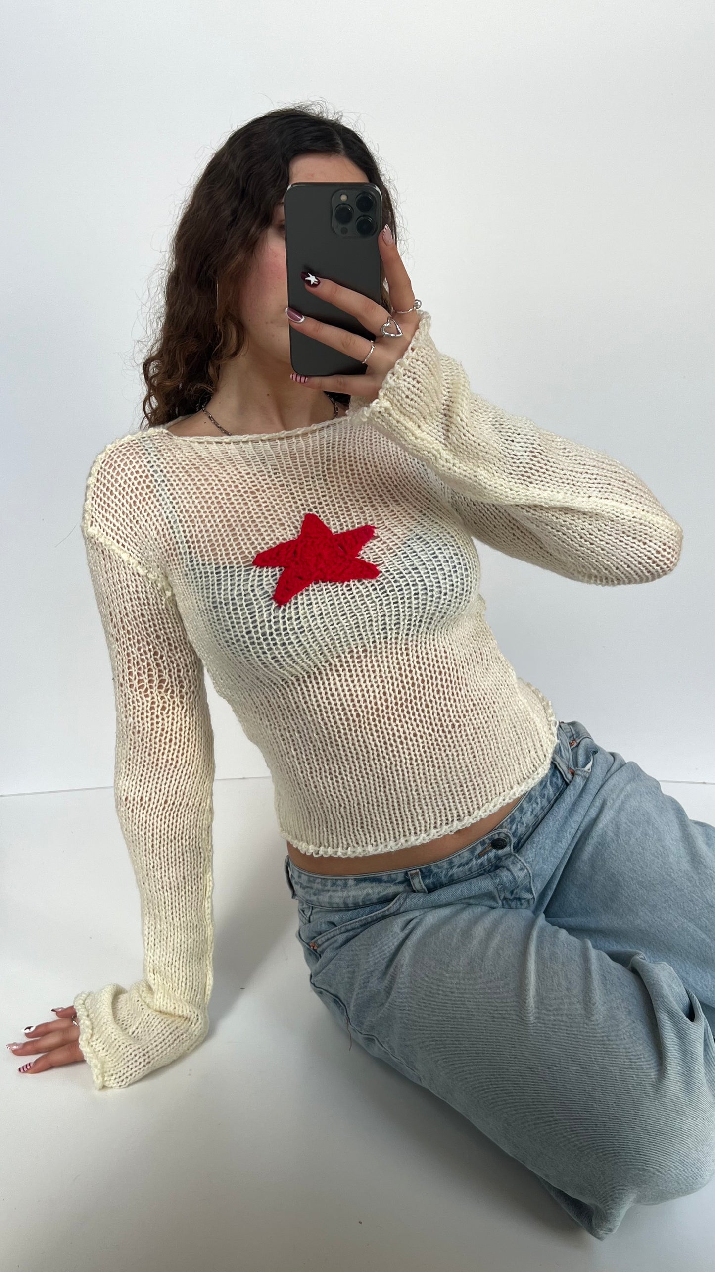 00s white crochet star jumper- size S