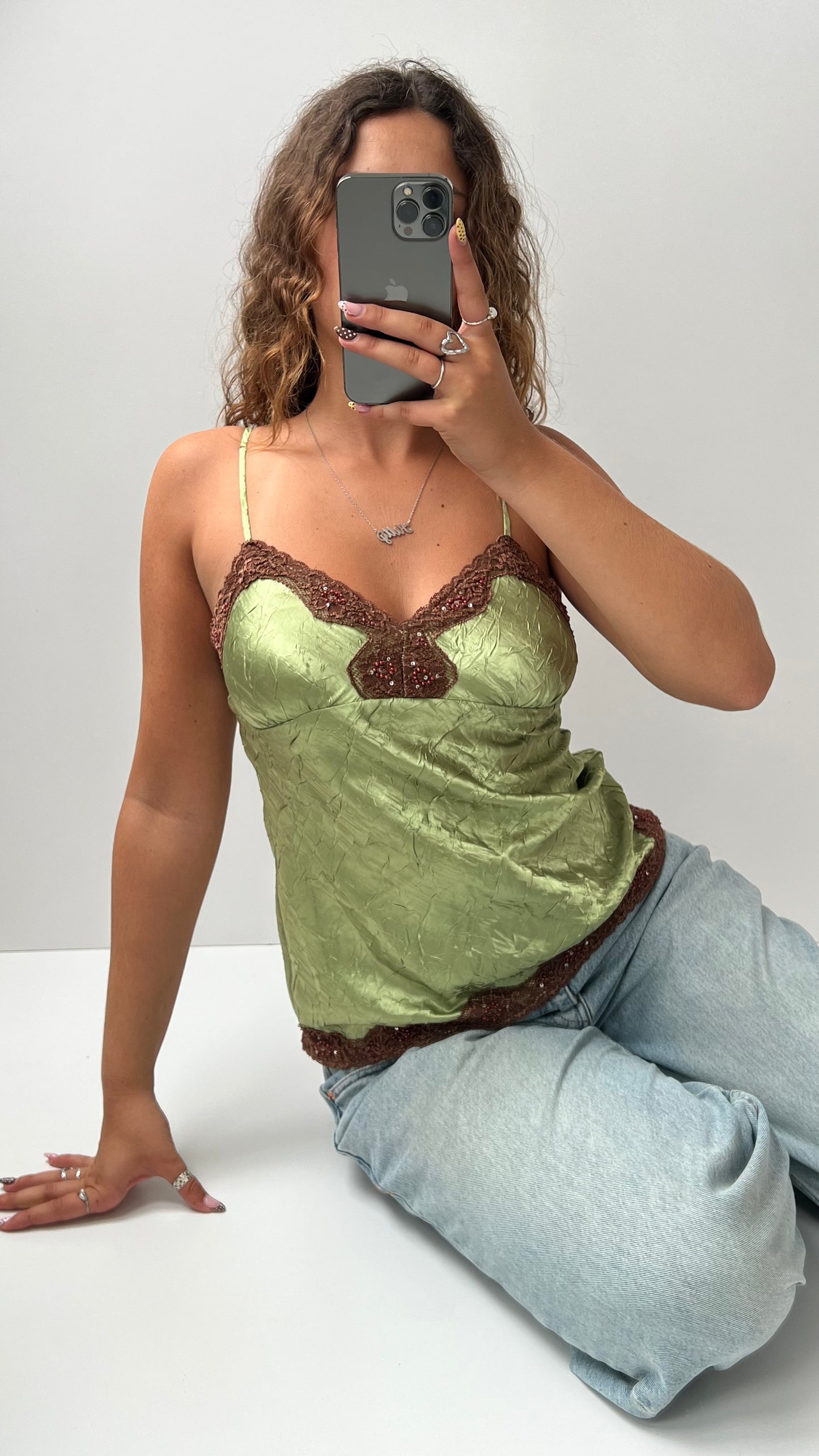 00s green satin lace cami- size M