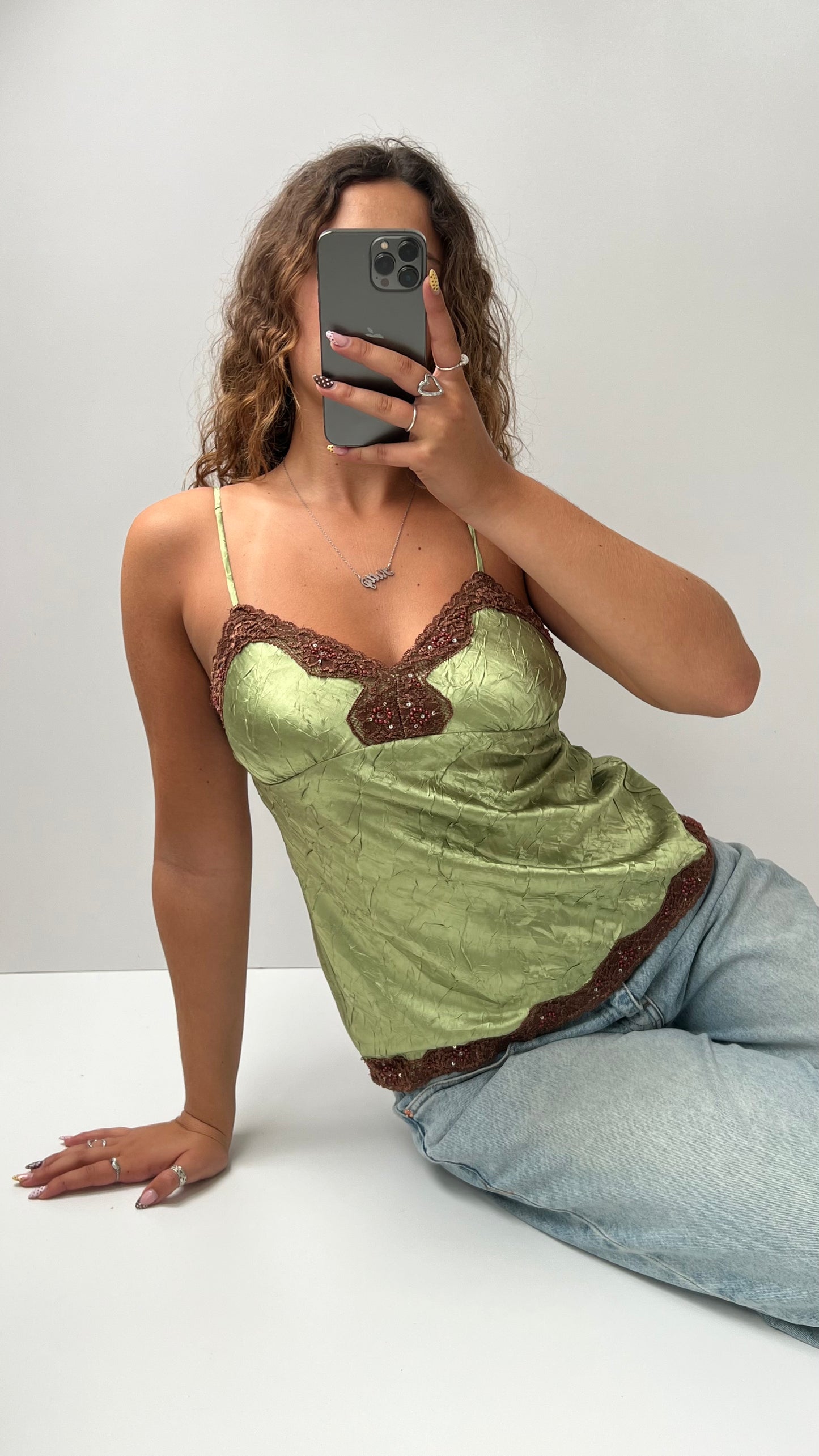 00s green satin lace cami- size M