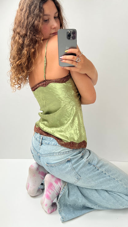 00s green satin lace cami- size M