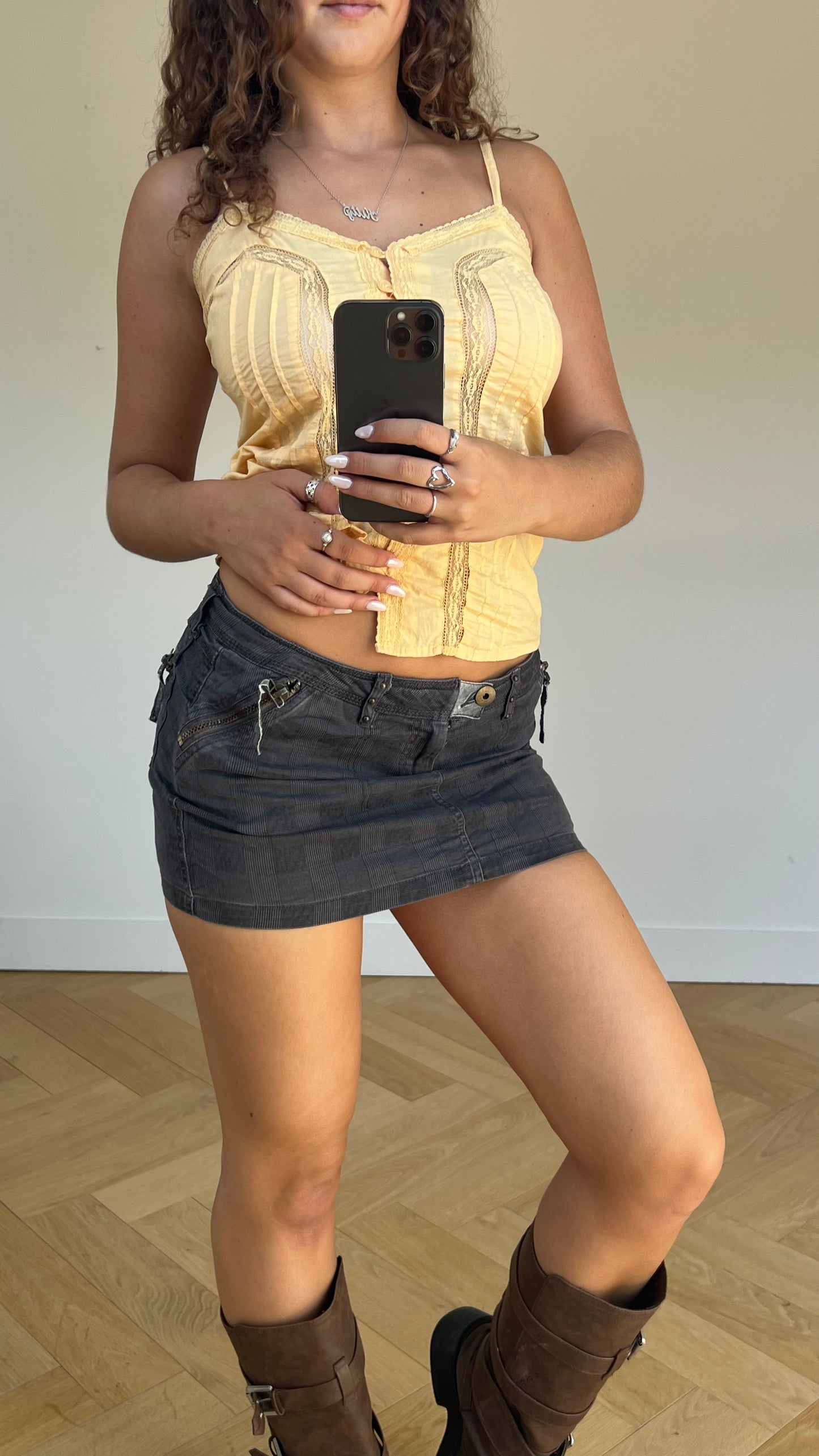 00s grey denim mini skirt- size S