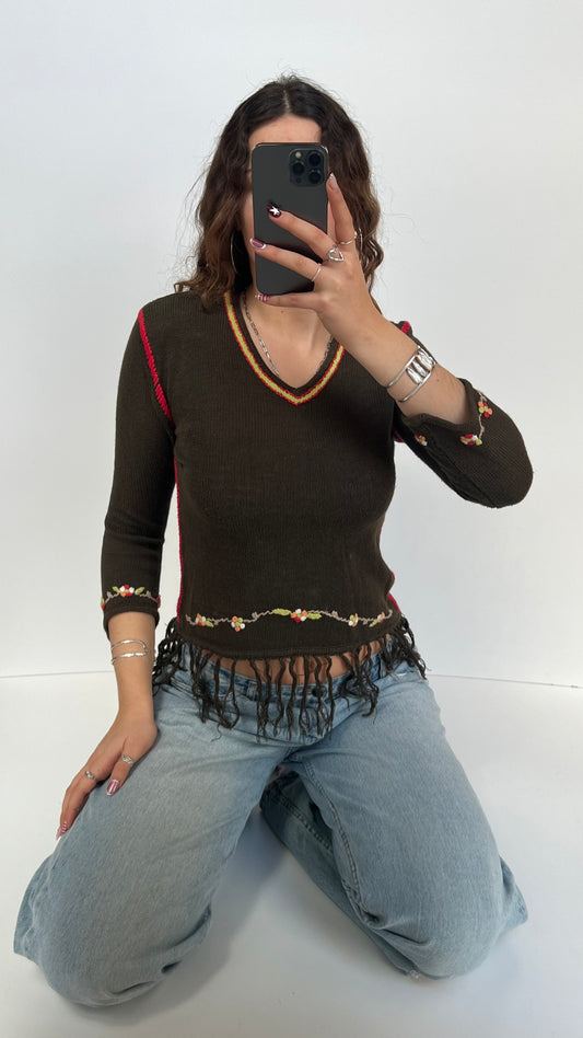 00s green fringe jumper- size S