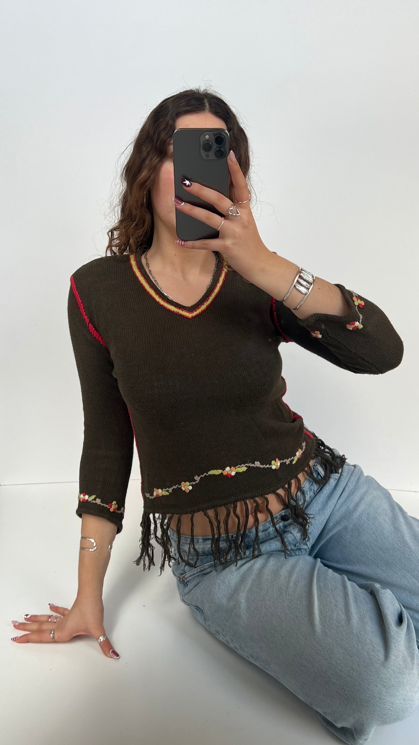 00s green fringe jumper- size S