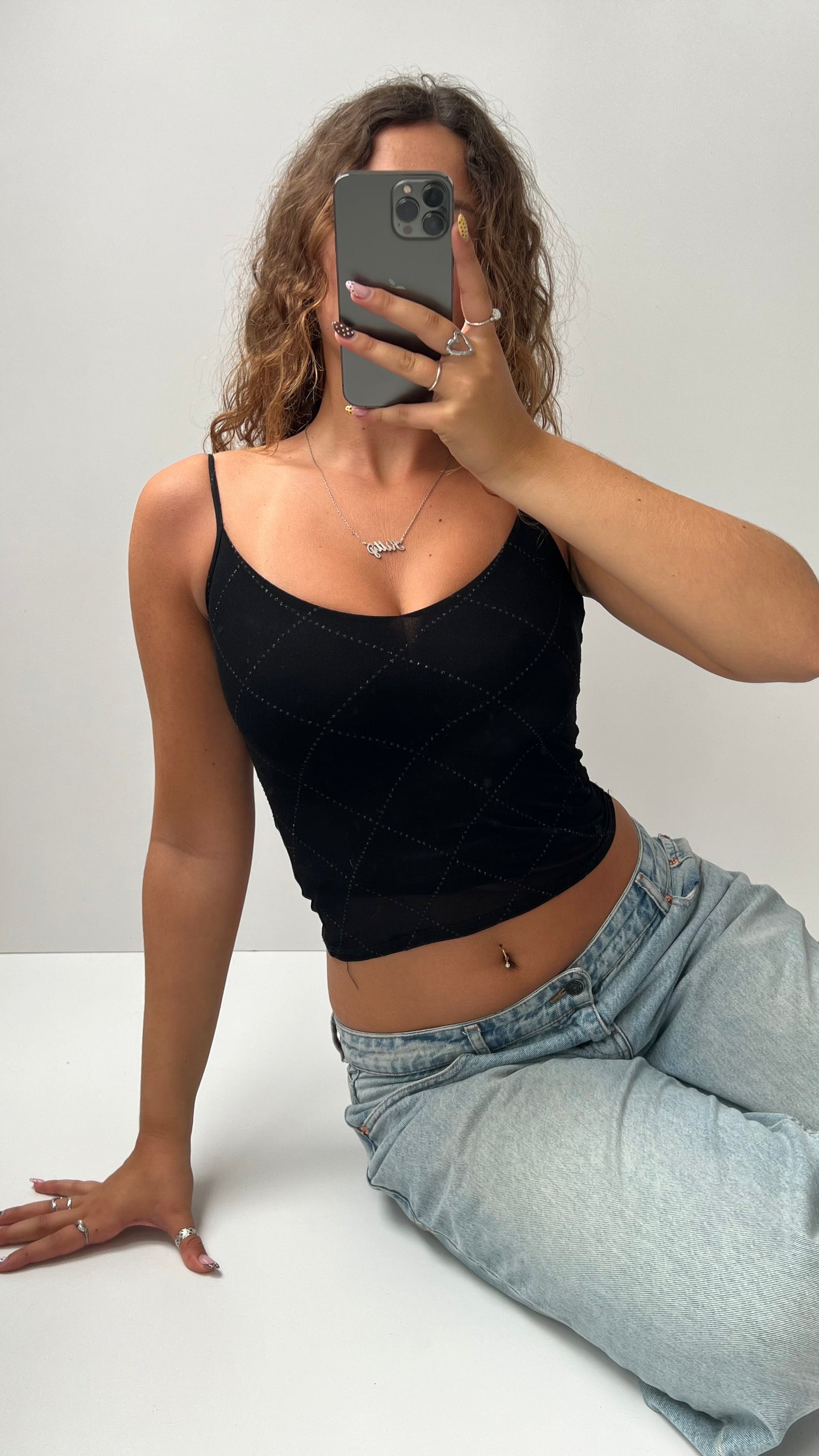 00s black glitter mesh cami- size XS