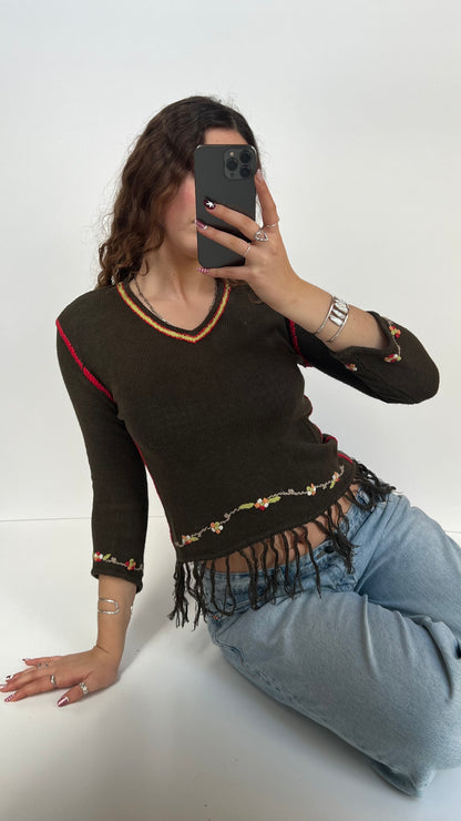 00s green fringe jumper- size S