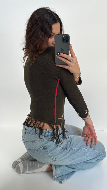 00s green fringe jumper- size S