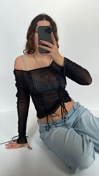 00s black ruched mesh top- size S