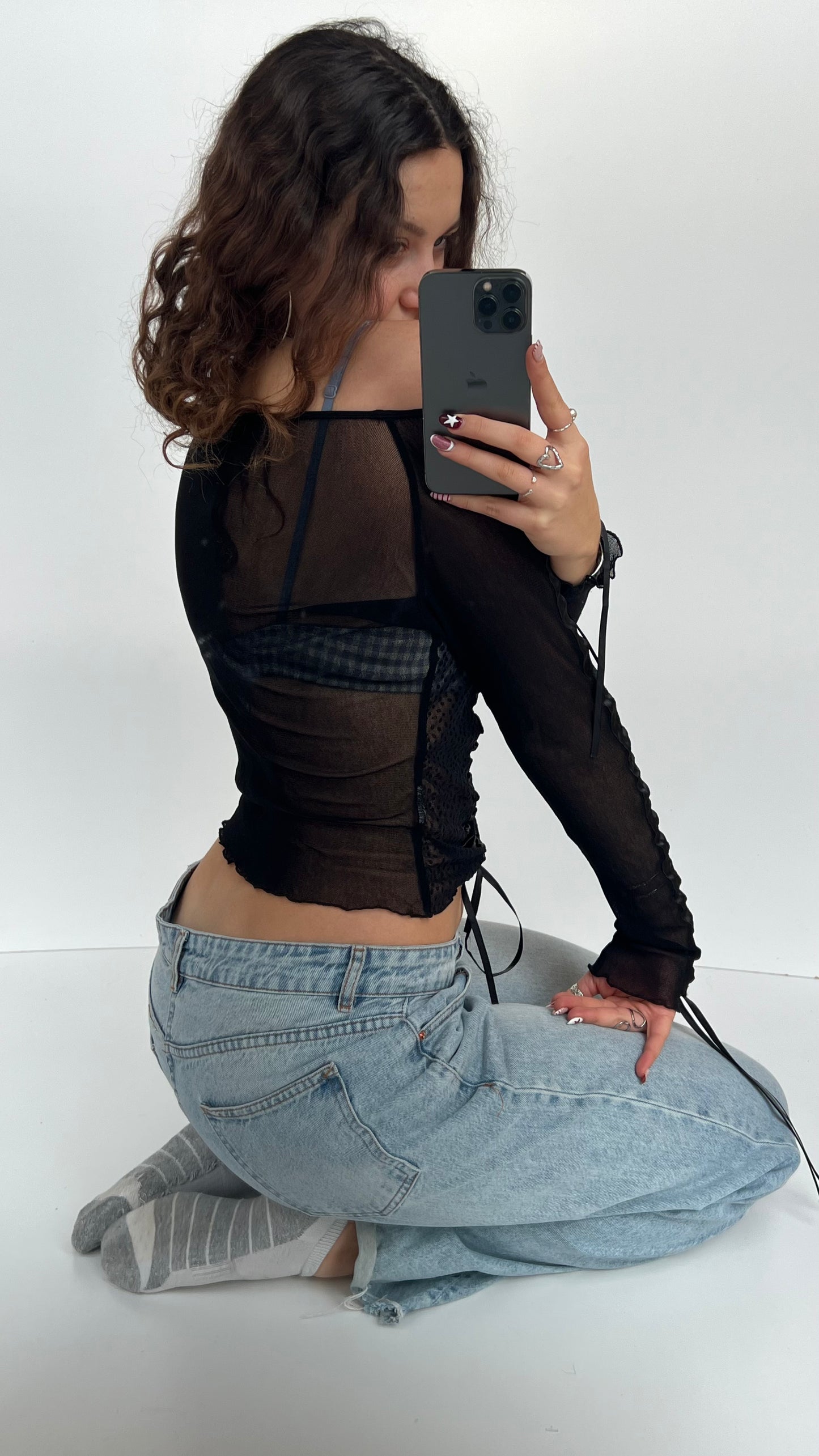 00s black ruched mesh top- size S