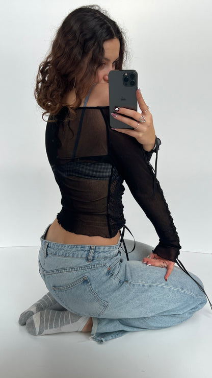 00s black ruched mesh top- size S