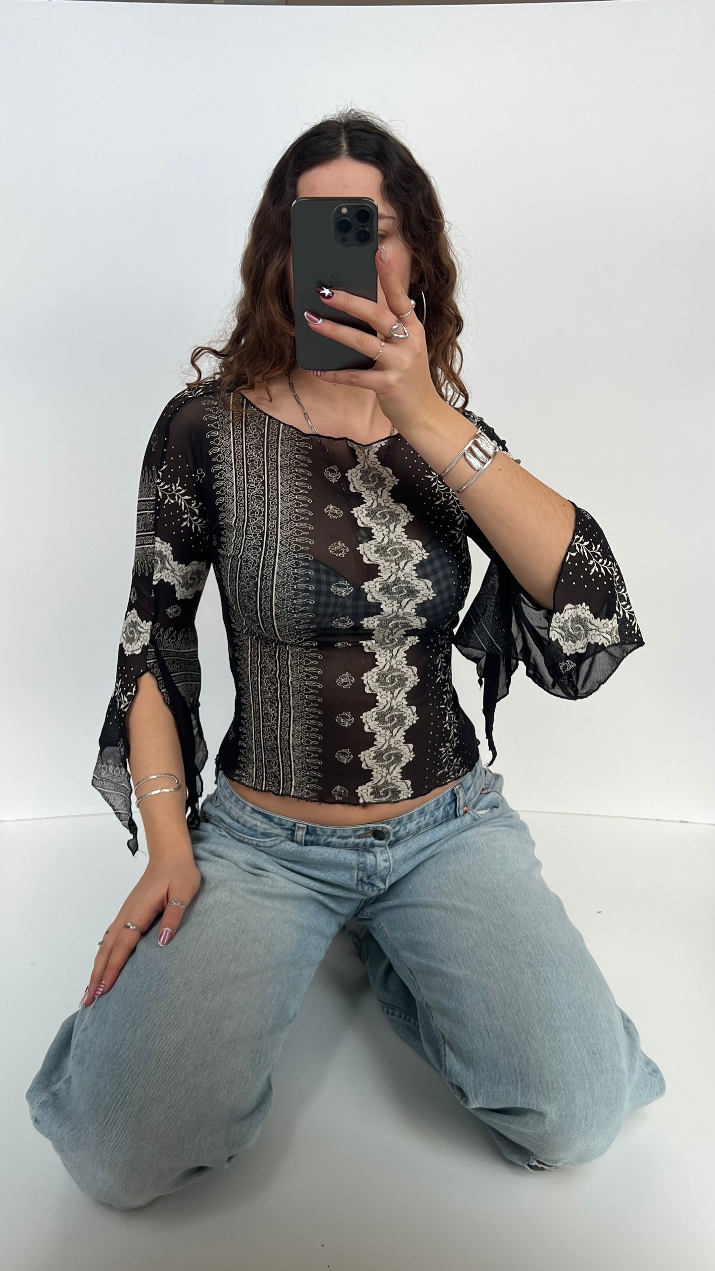 00s black white mesh long sleeve top- size M