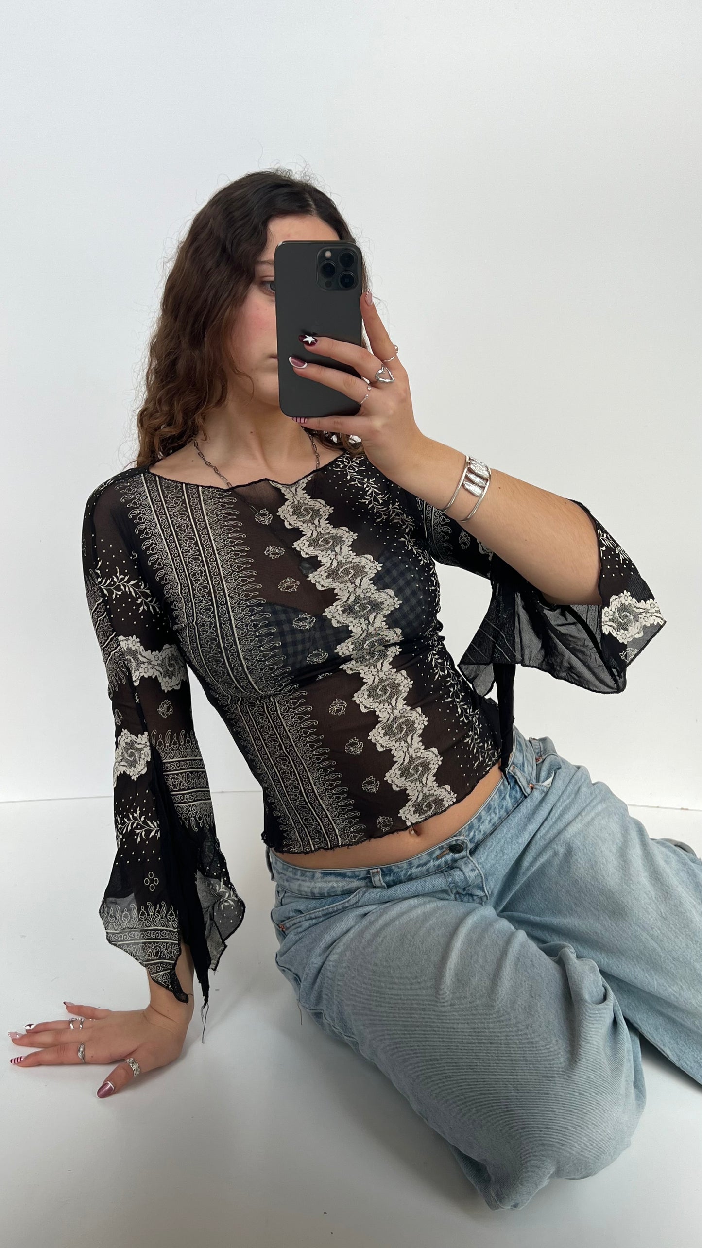 00s black white mesh long sleeve top- size M