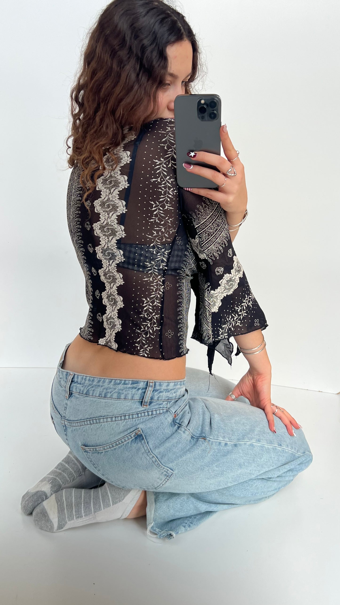 00s black white mesh long sleeve top- size M