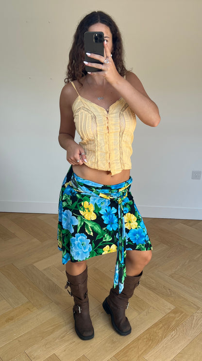 00s black blue floral midi skirt- size L
