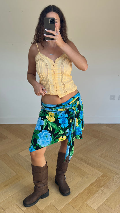 00s black blue floral midi skirt- size L
