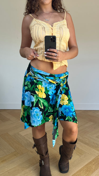 00s black blue floral midi skirt- size L
