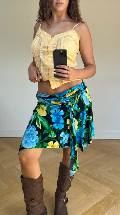 00s black blue floral midi skirt- size L