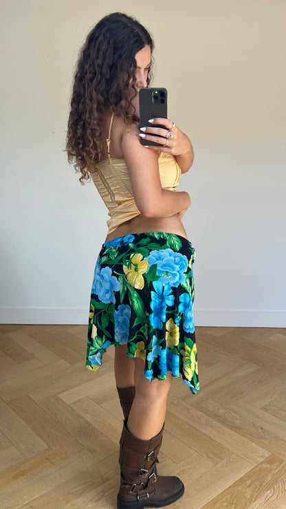 00s black blue floral midi skirt- size L