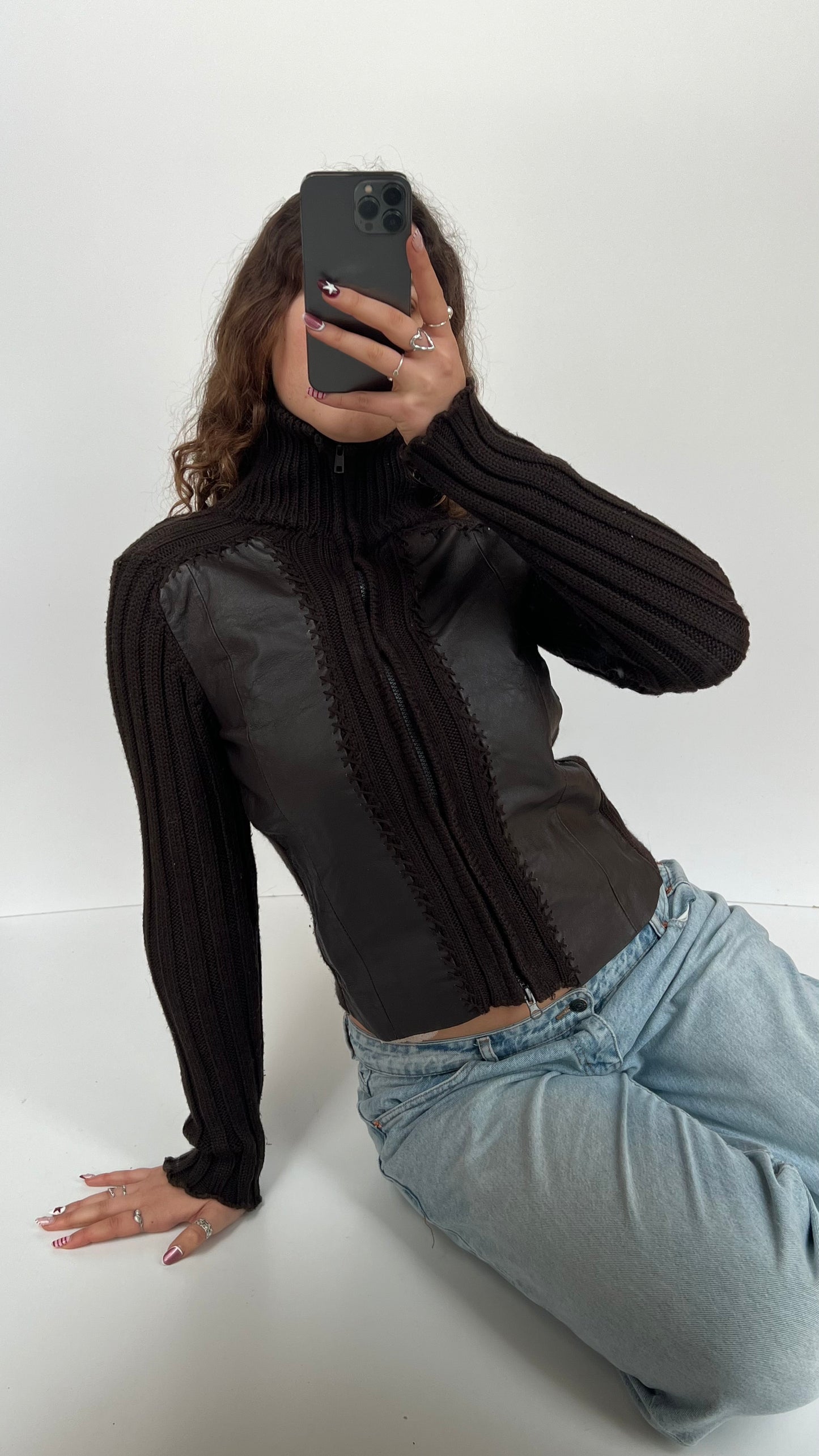 00s brown knit leather jacket- size M