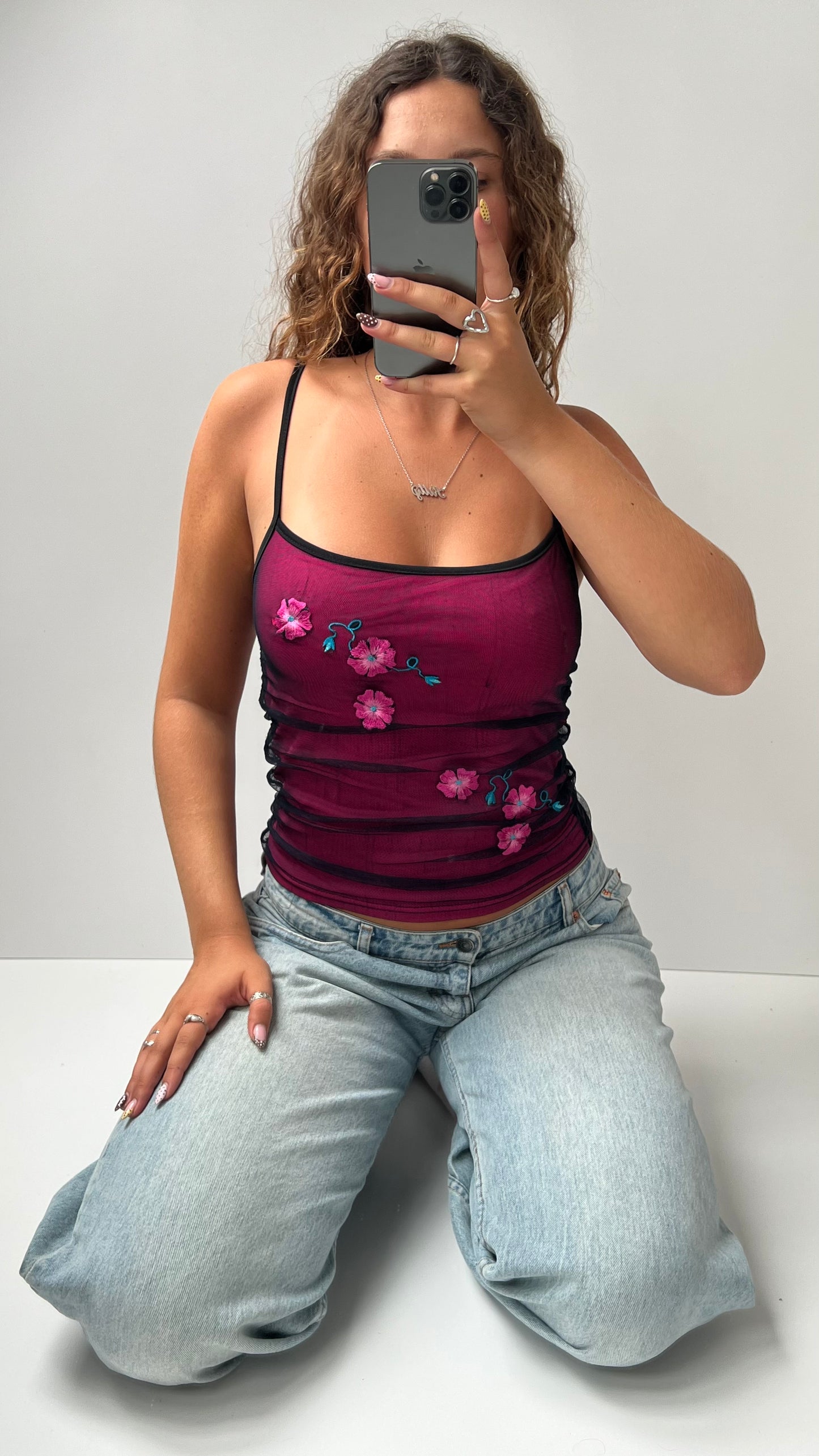 00s pink mesh flower cami- size S