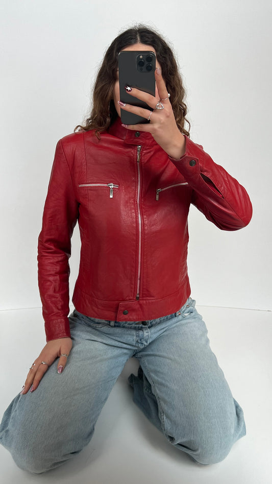 00s red leather jacket- size M
