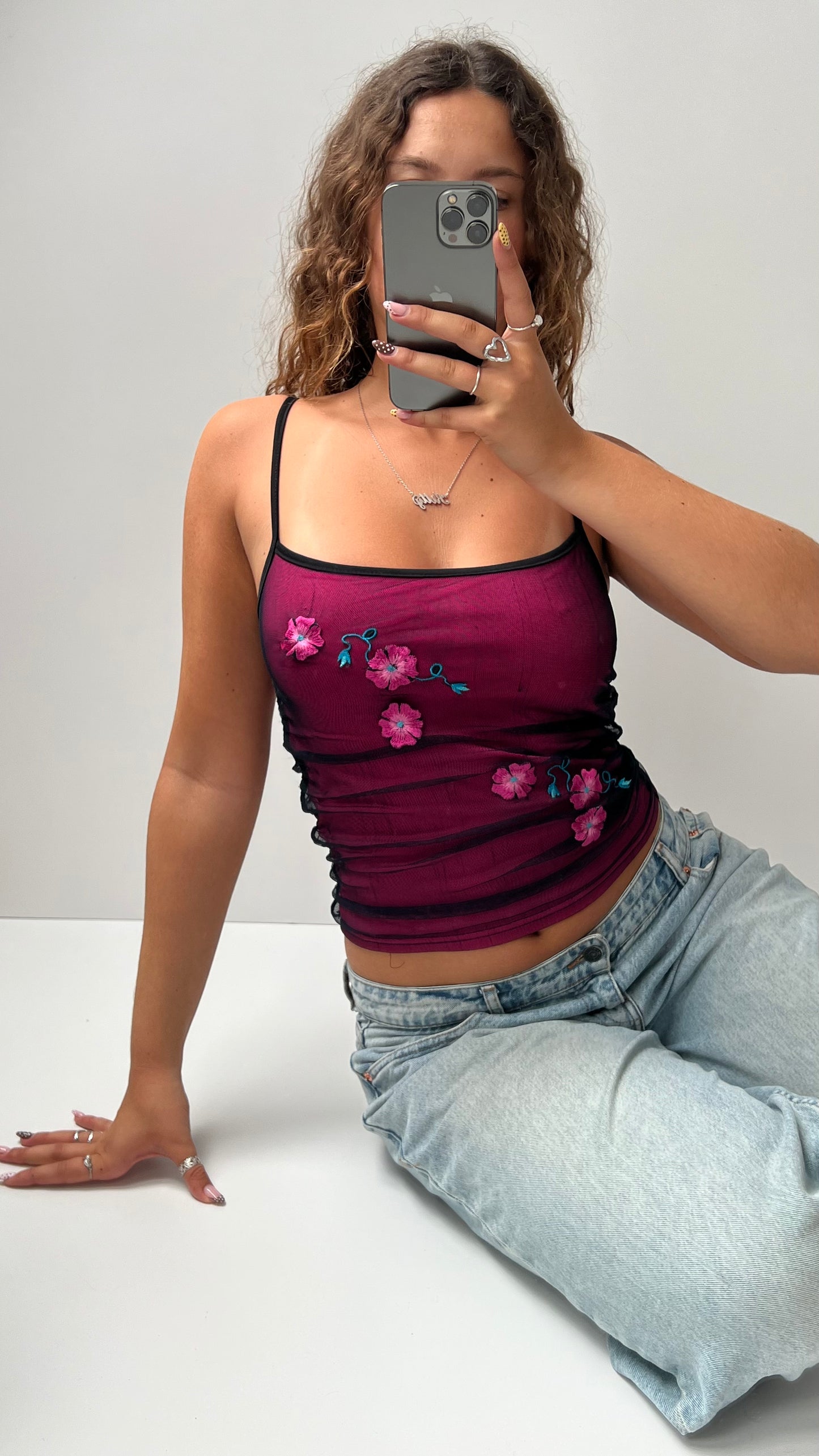 00s pink mesh flower cami- size S