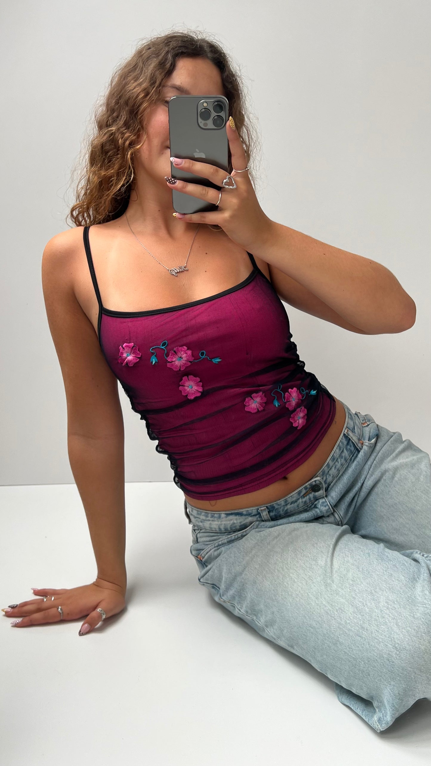 00s pink mesh flower cami- size S
