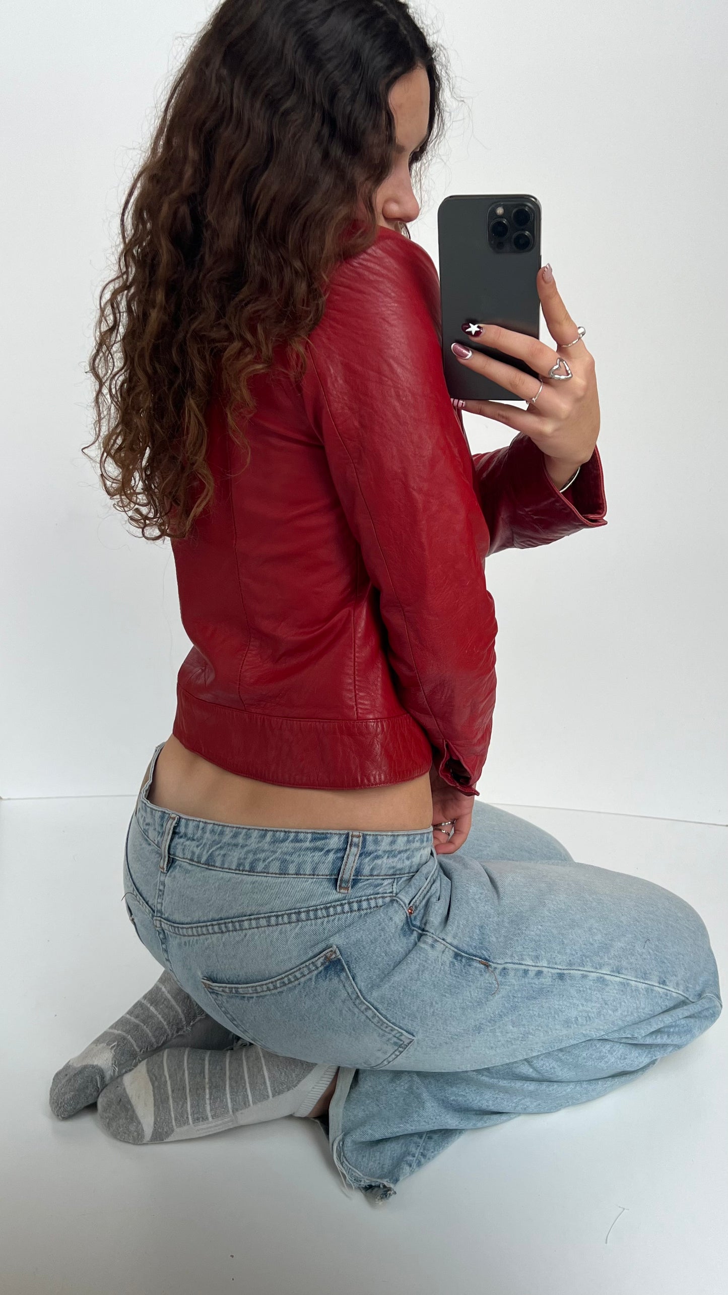 00s red leather jacket- size M