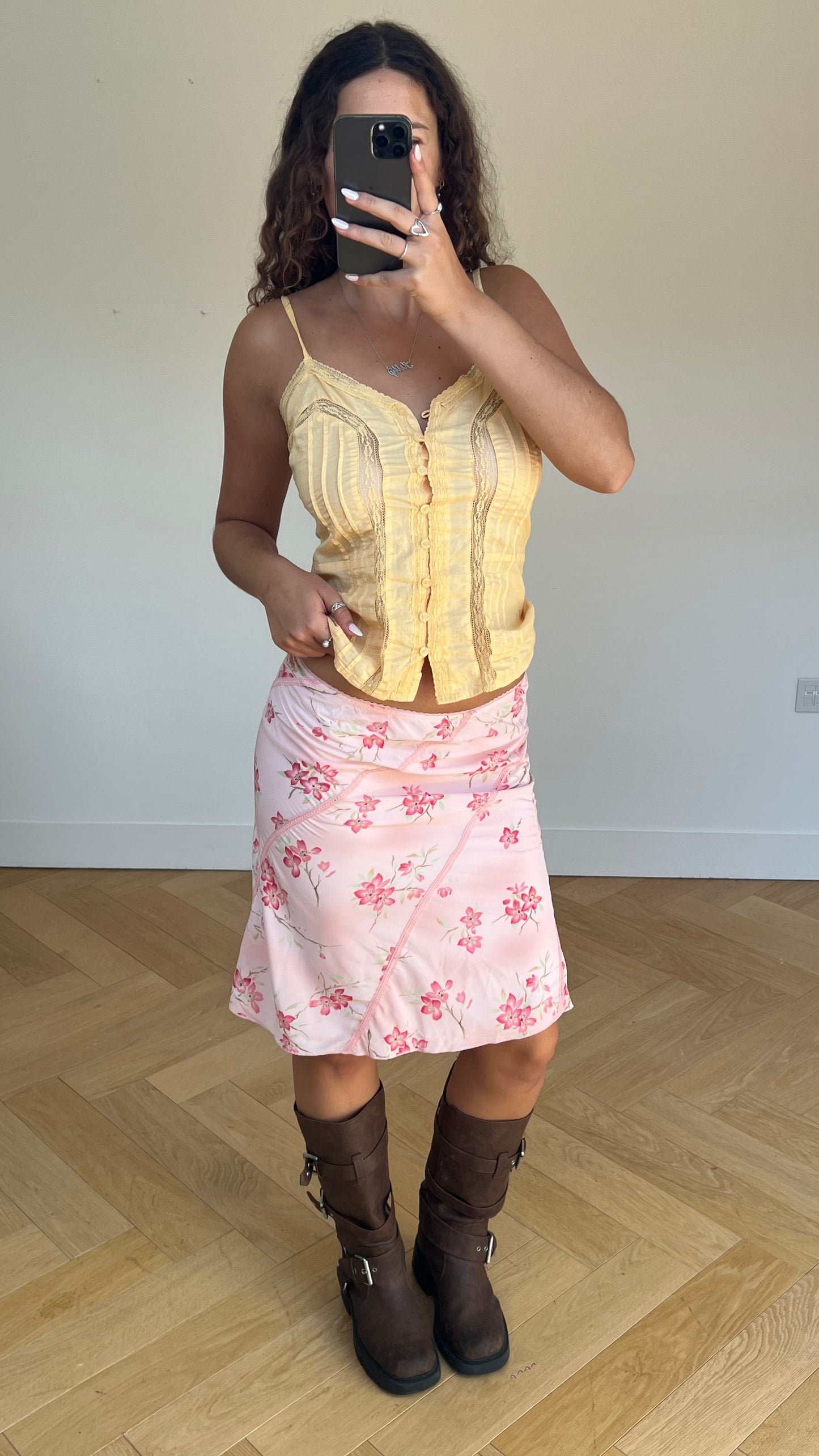 00s pink floral midi skirt- size S