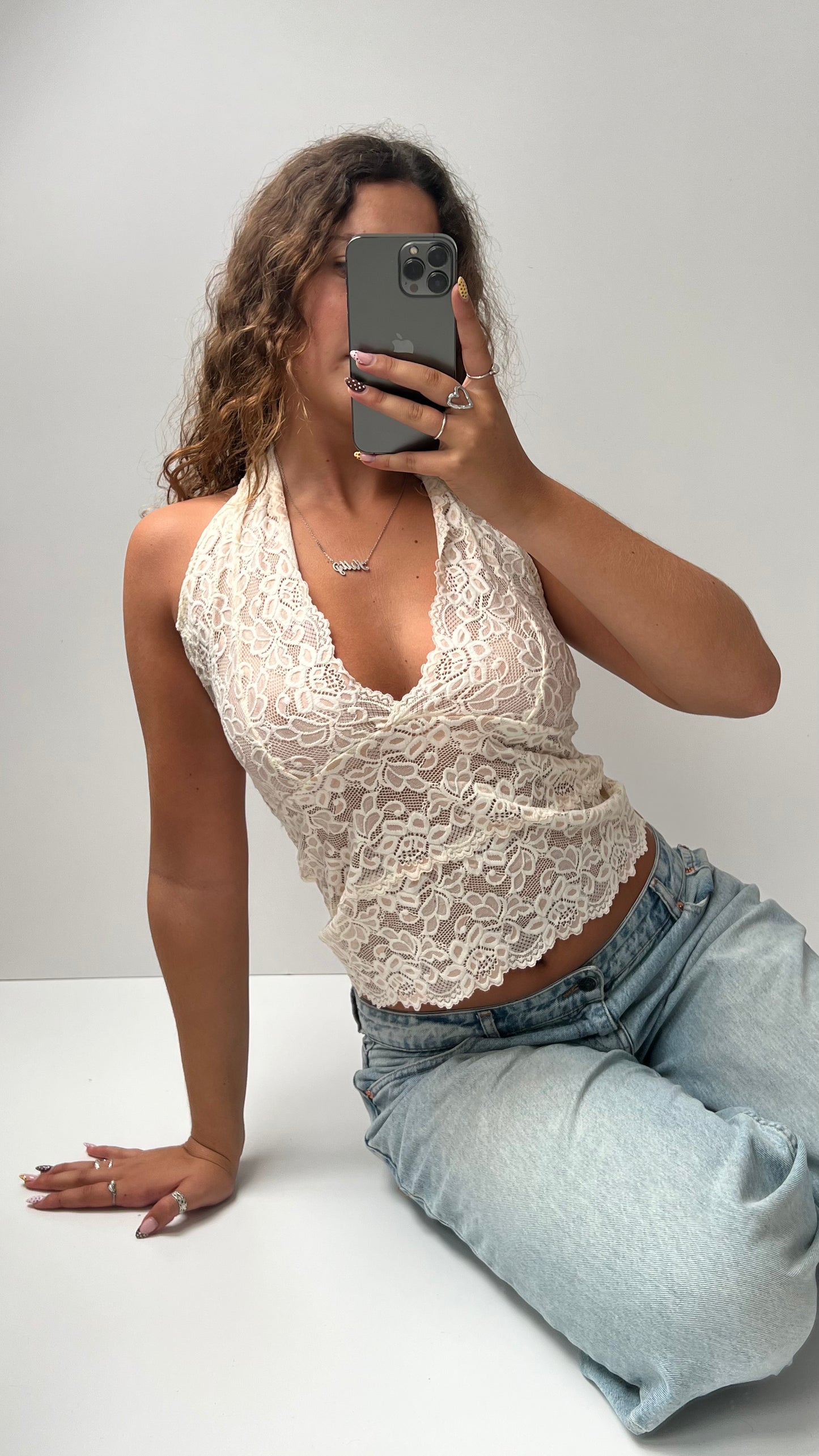 00s white pink lace cami- size M