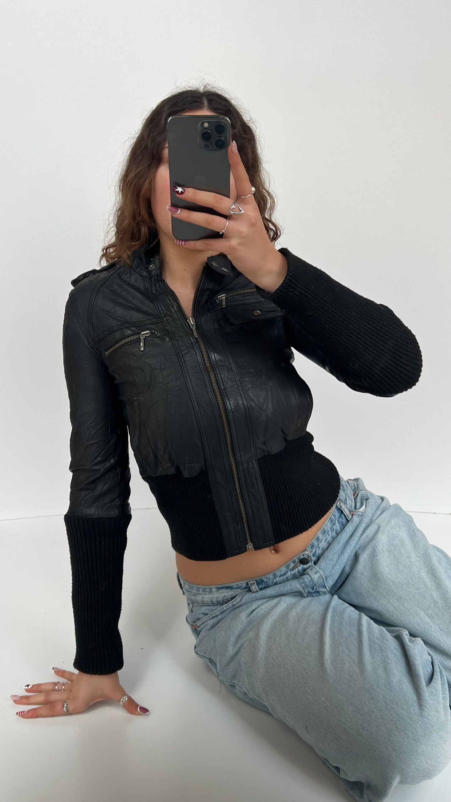 00s black leather jacket- size XS