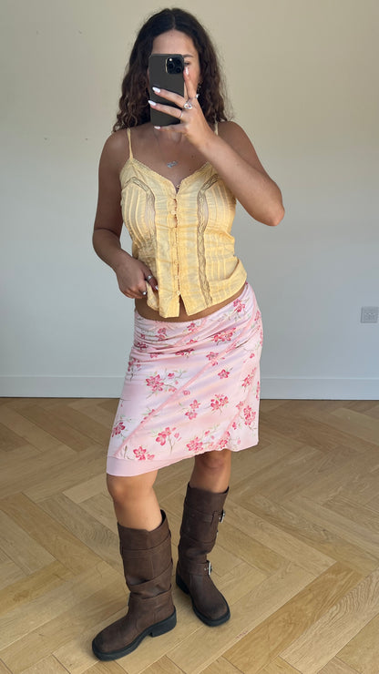00s pink floral midi skirt- size S