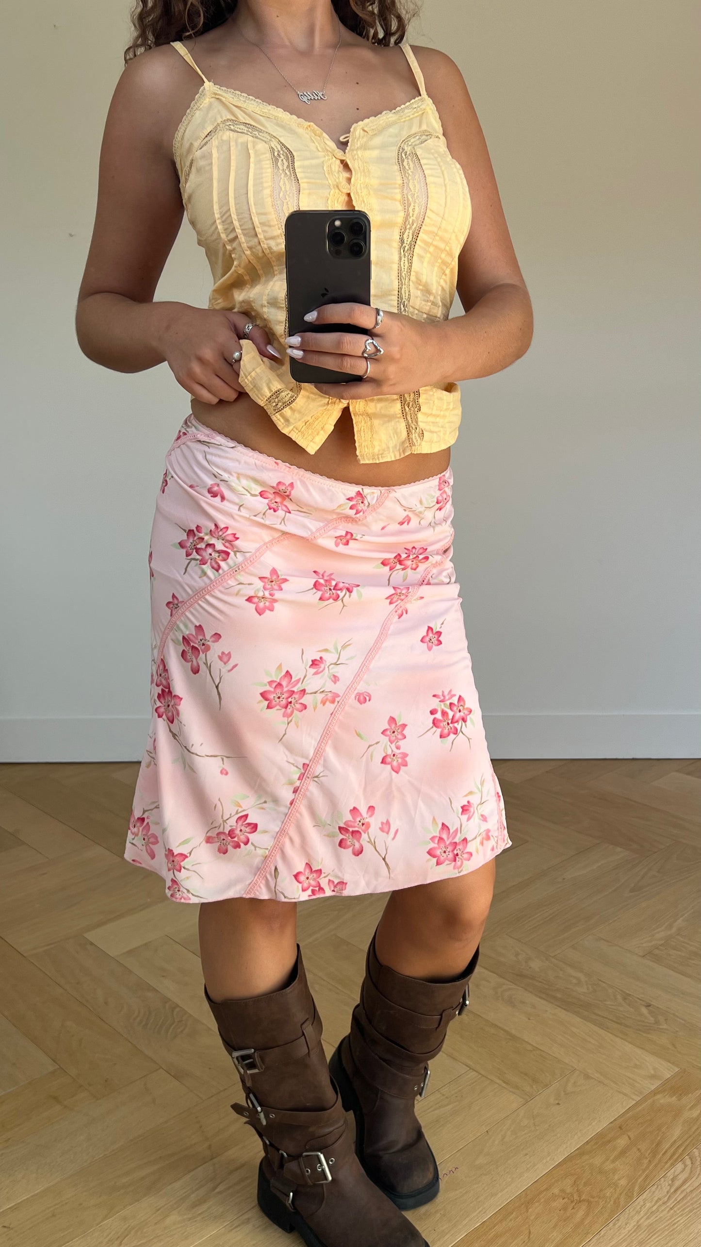00s pink floral midi skirt- size S