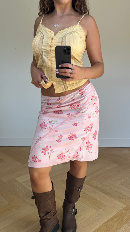 00s pink floral midi skirt- size S