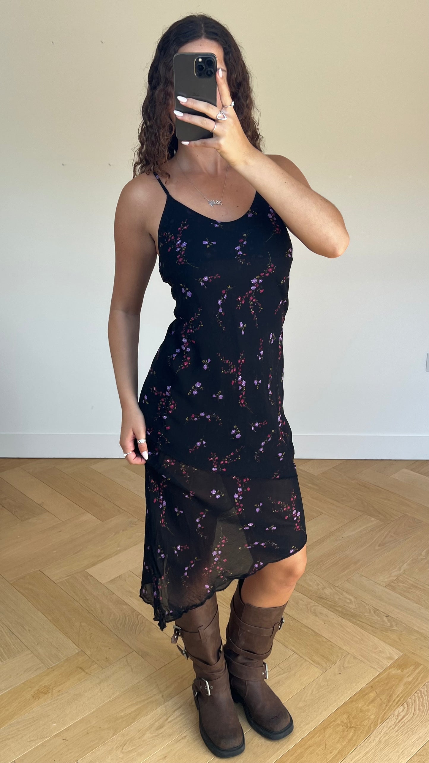 00s black floral maxi dress- size S
