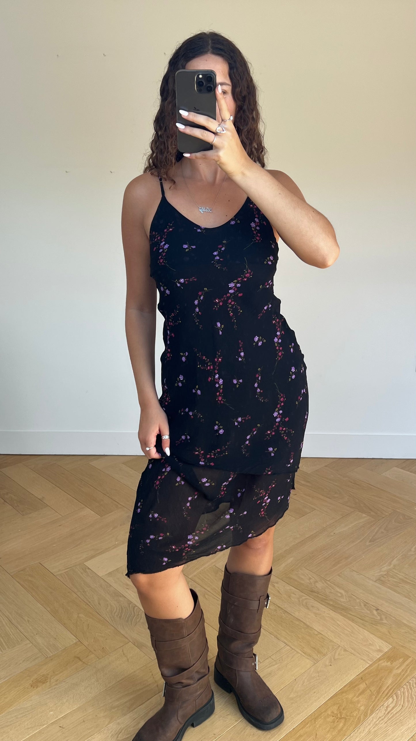 00s black floral maxi dress- size S