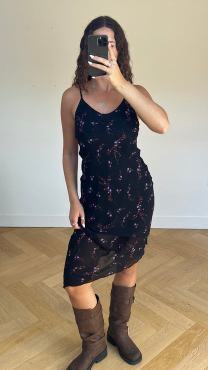 00s black floral maxi dress- size S