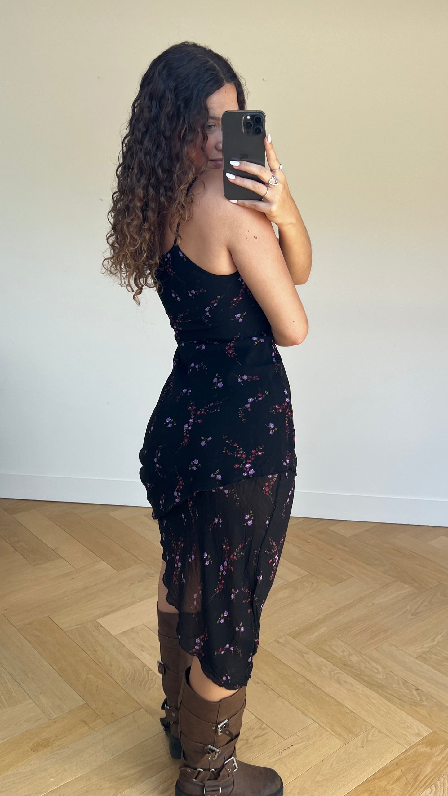 00s black floral maxi dress- size S